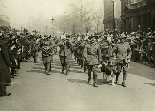 Soldier marching on road in grayscale