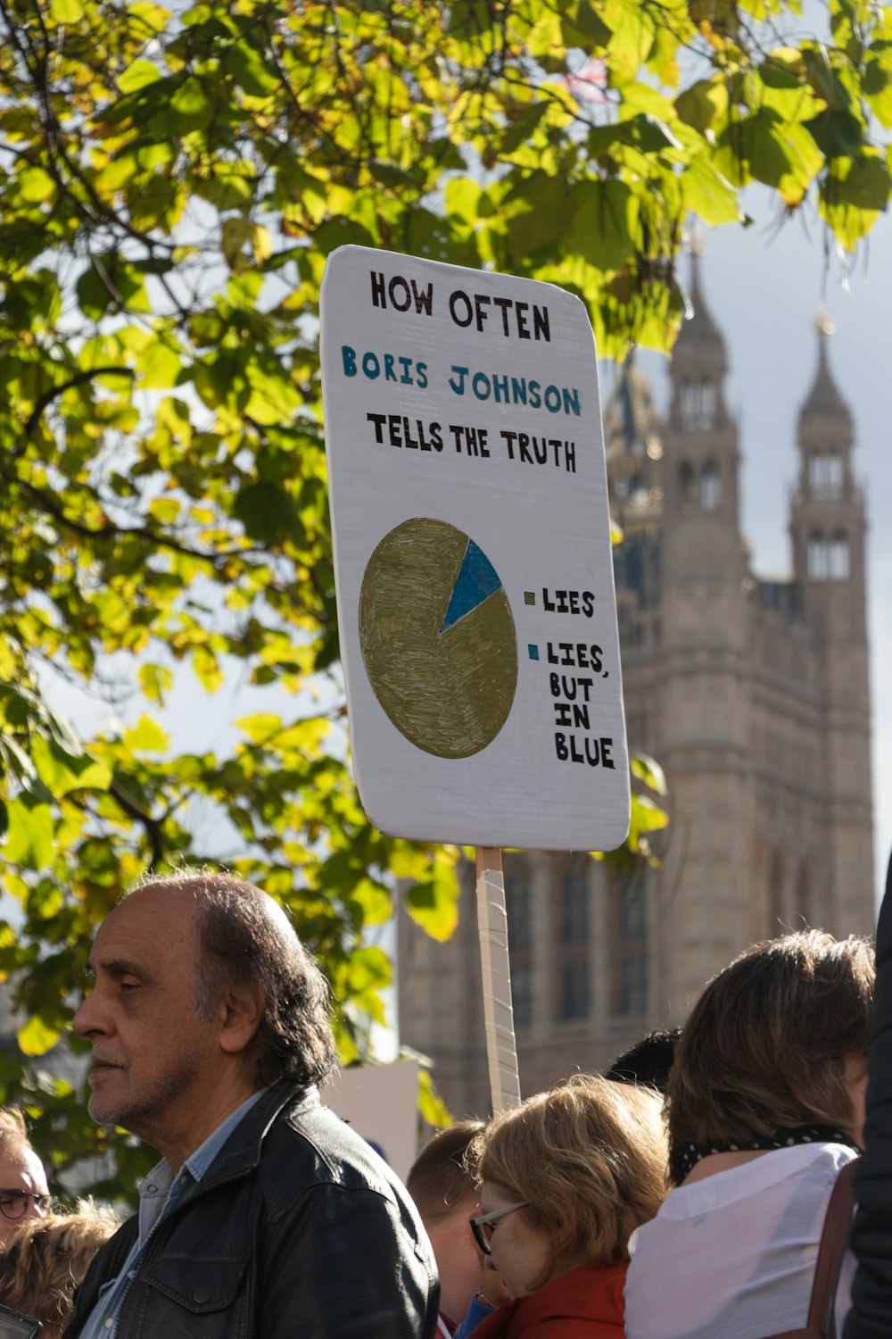 a man holding a sign in front of a crowd of people