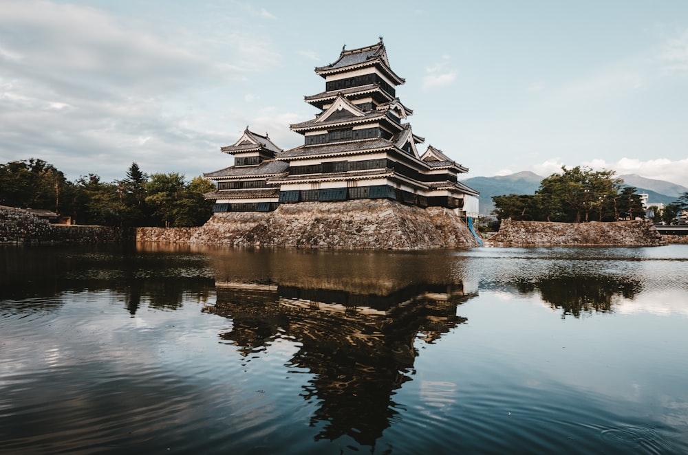 a large building sitting on top of a lake