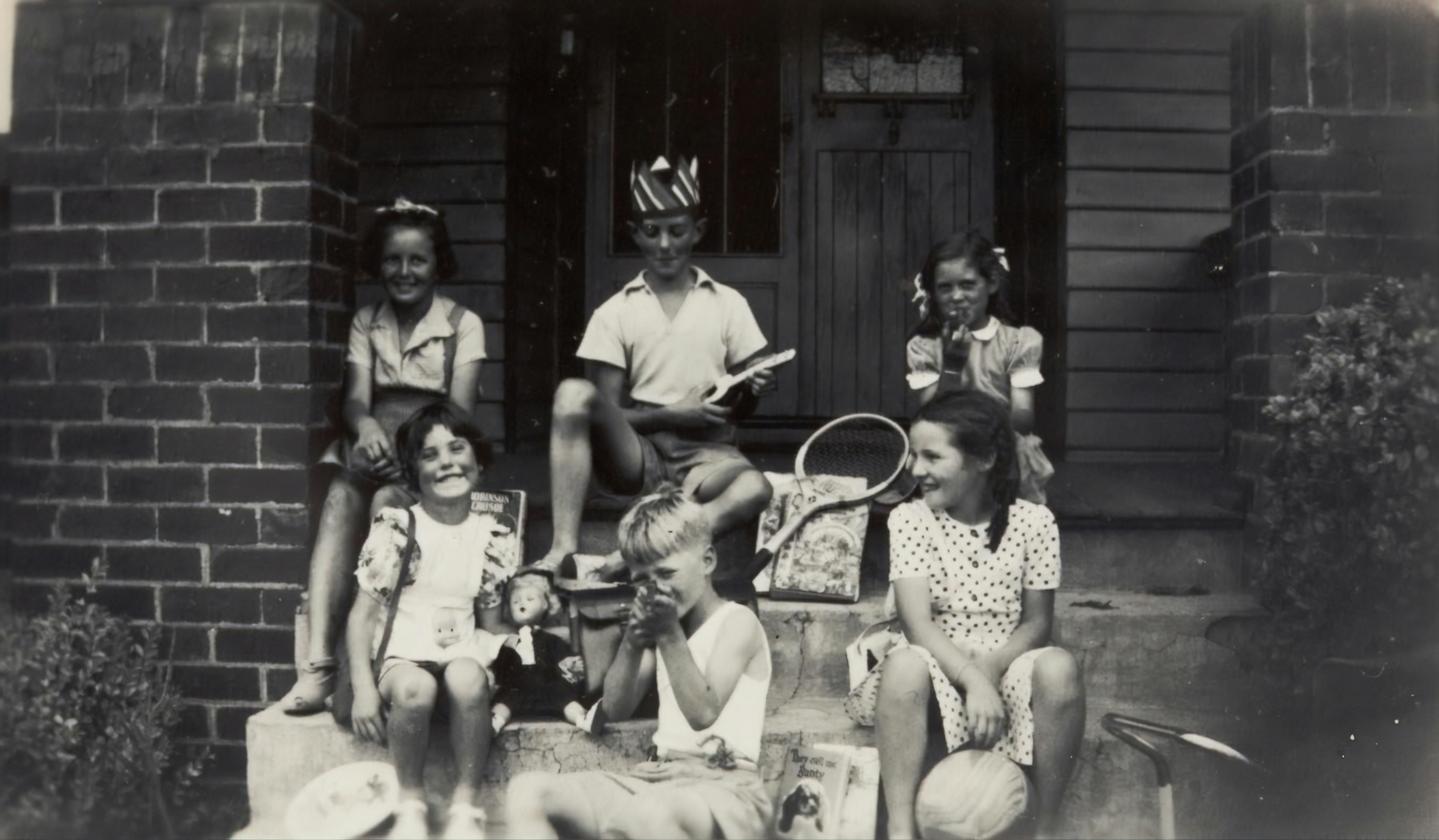 Three Boys & Three Girls with Christmas Presents, Front Step of Family Home, Ivanhoe, 1950