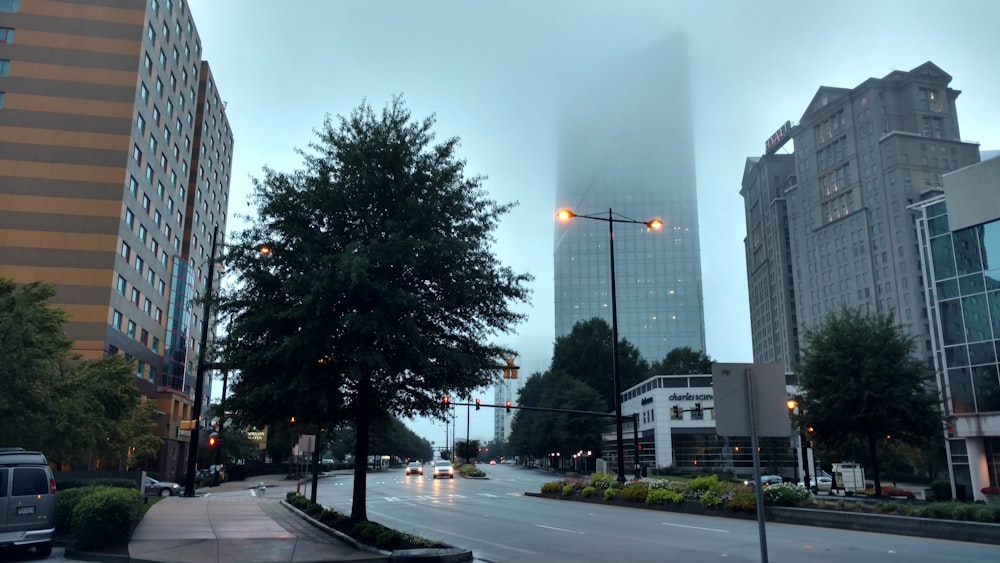 wide road surround by buildings under white sky