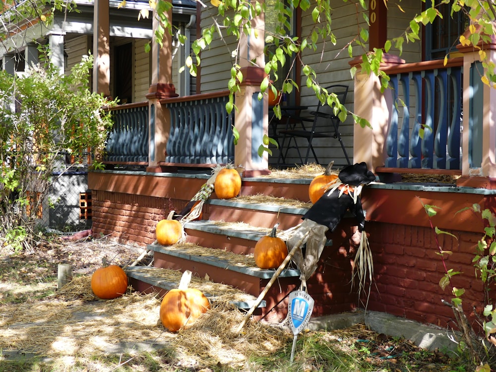 six orange squash on stairs