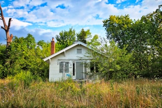 A small, abandoned white house stands amidst overgrown vegetation and trees, with graffiti visible on its exterior walls. The house appears neglected, with peeled paint and missing window panes. Surrounding greenery includes tall grass and thick bushes, under a bright blue sky with some clouds.