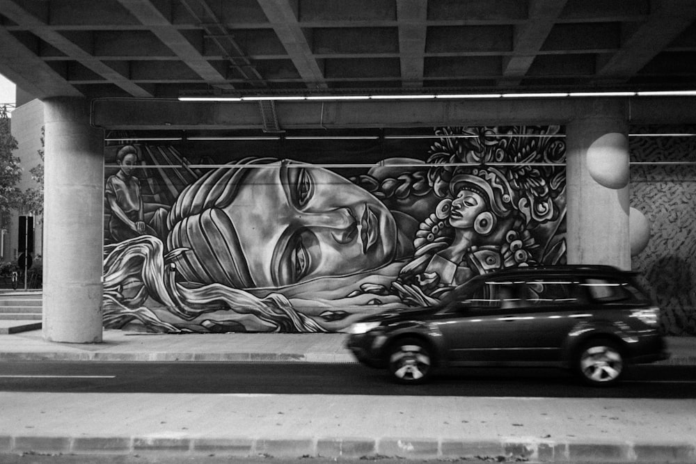 vehicle in greyscale photography