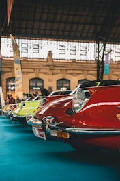red and yellow vehicle inside building