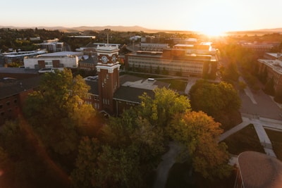 Aerial view of a university campus at sunset, featuring a large clock tower surrounded by multiple academic buildings and lush greenery. Sunlight bathes the scene with a warm glow while casting long shadows across walkways and structures.