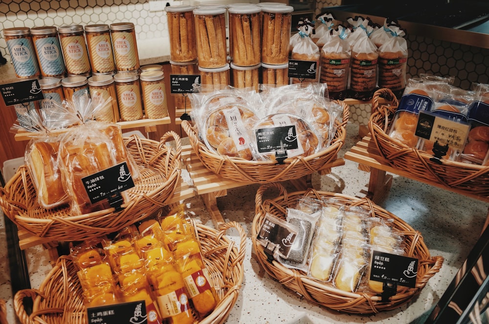 brown and white wicker baskets