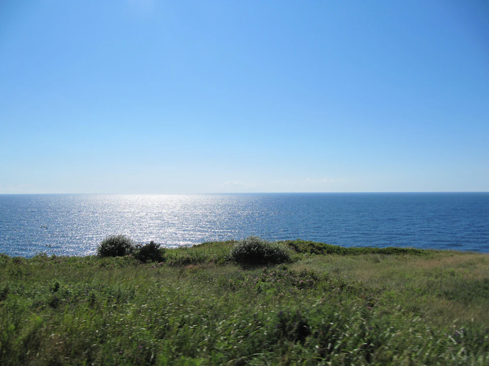 Serene coastal landscape with clear blue sky and calm ocean waters in foreground