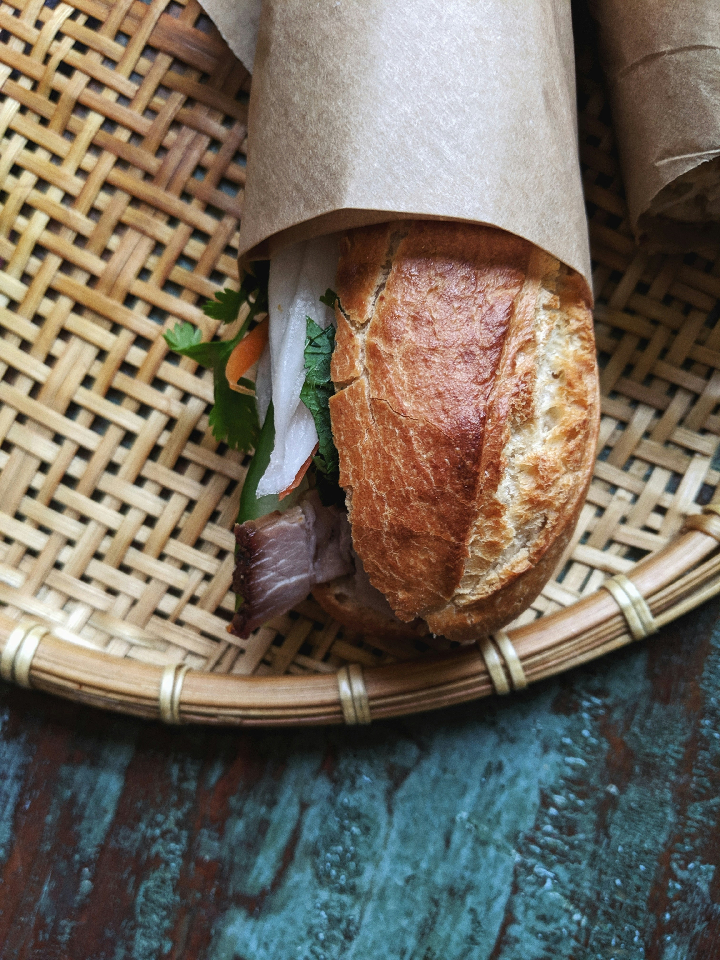 bread on brown woven tray