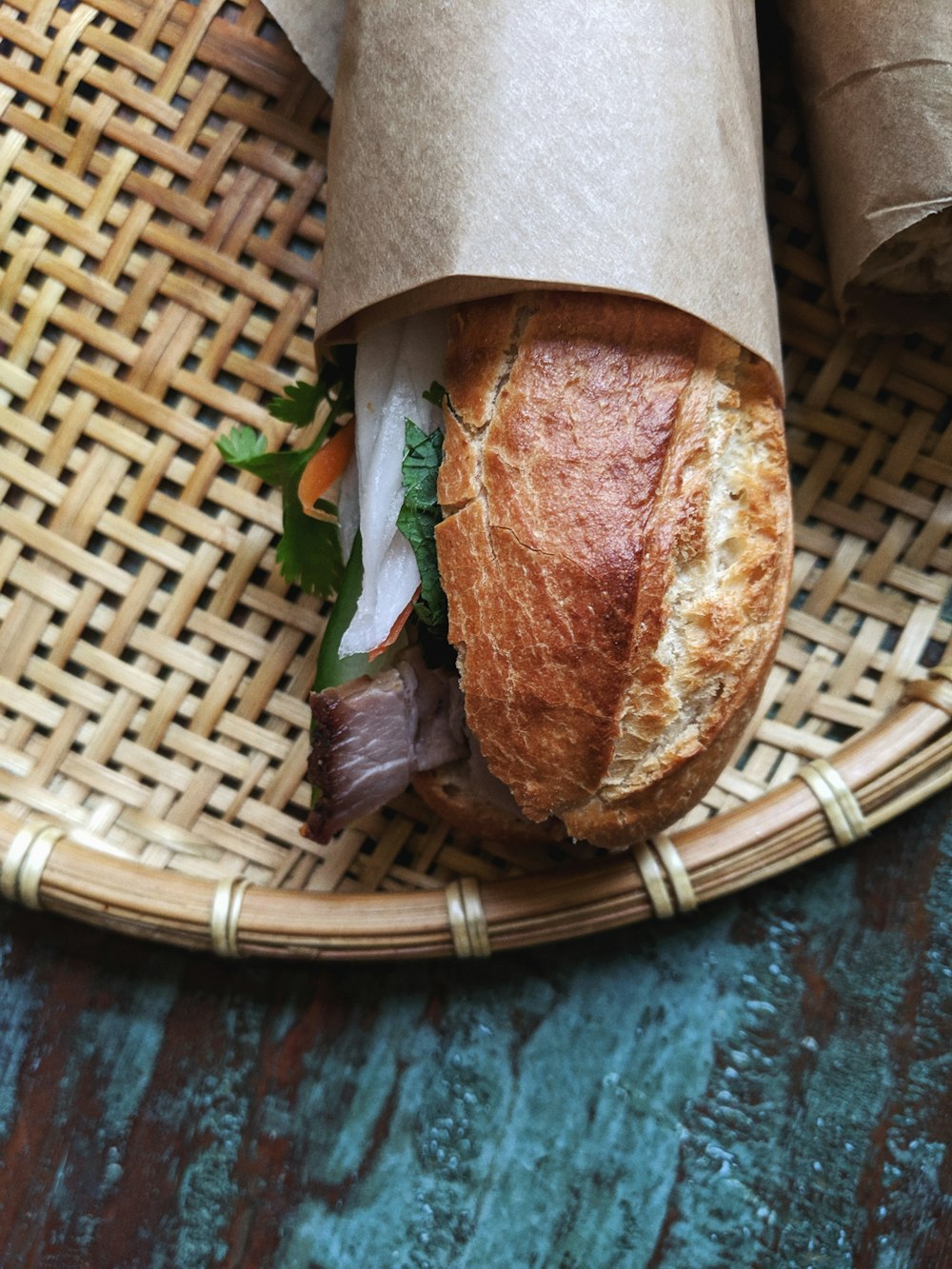 bread on brown woven tray