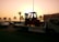 A sunset or sunrise scene with a tow truck carrying a forklift on a highway. The silhouette of palm trees is visible in the background, along with several cars on the road. A building is visible on the right side with a row of flags on top.