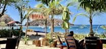 A tropical beach scene with lush palm trees and a wooden sign reading 'PIPAS' hanging overhead. The view extends to a sandy beach where kayaks and boats are seen, along with distant rocky cliffs. Two people are relaxing in lounge chairs under the shade, enjoying the coastal atmosphere.