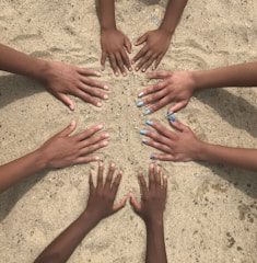 Hands of various skin tones joined together forming a circle.