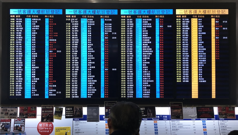 a woman is looking at a large screen with a lot of numbers on it