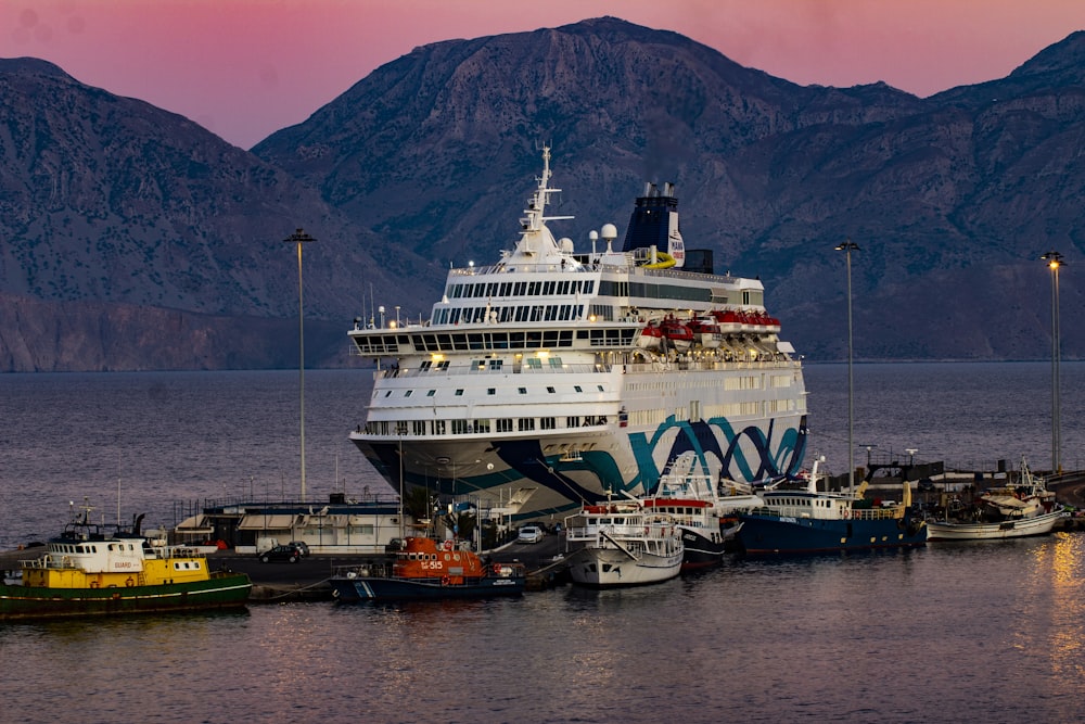 white cruise ship and boats on water