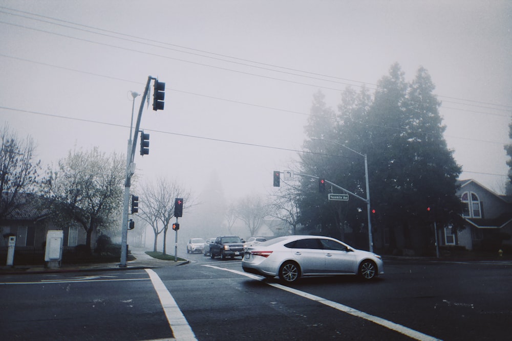 silver sedan park between tree