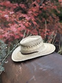 A straw cowboy hat rests on a rusted metal surface with a backdrop of red autumn leaves and dry grass.