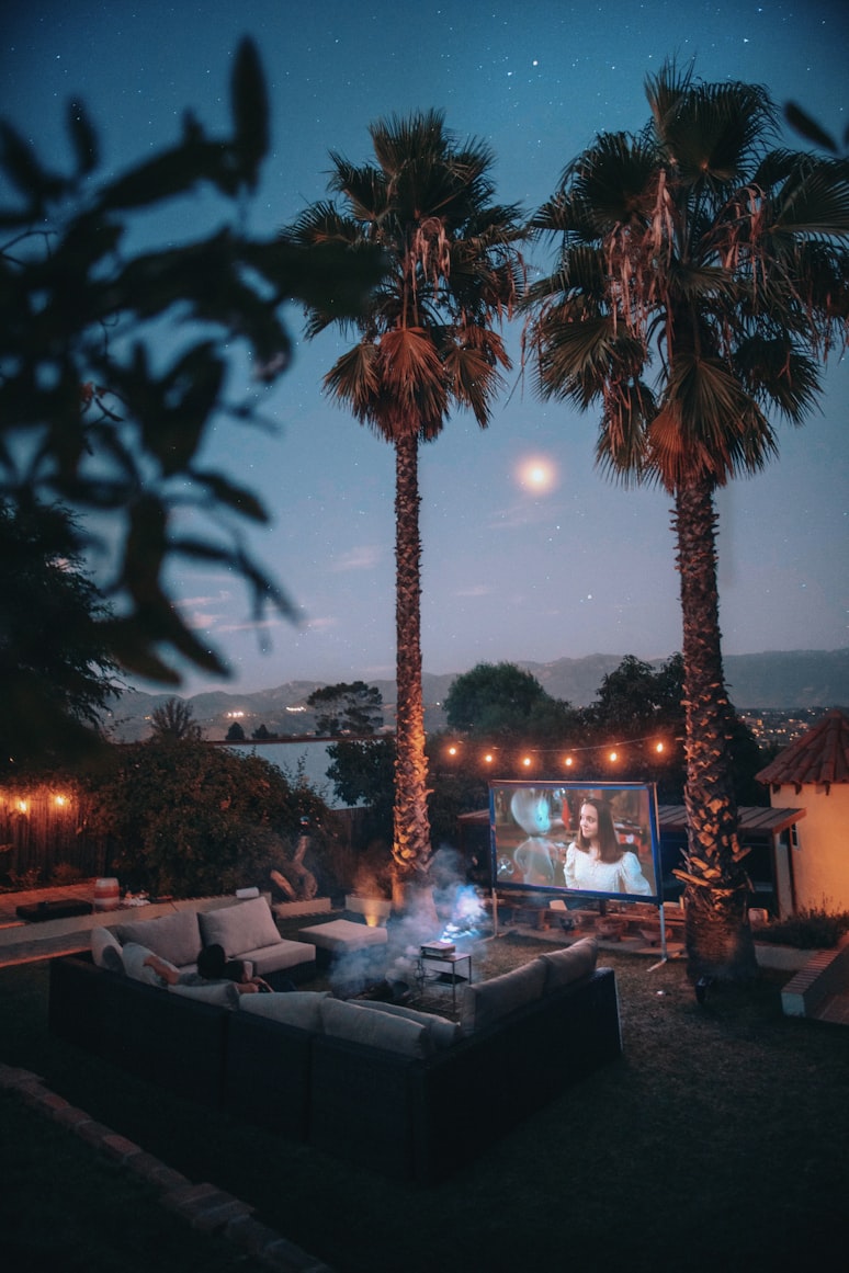outdoor movie night at barbie theme backyard party