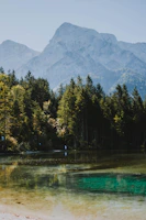 A serene mountain lake with crystal-clear water and pine trees surrounding it.
