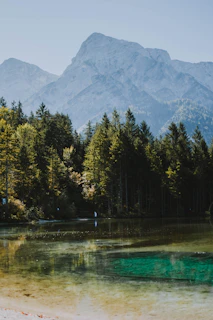 A serene mountain landscape with a crystal-clear lake and pine trees