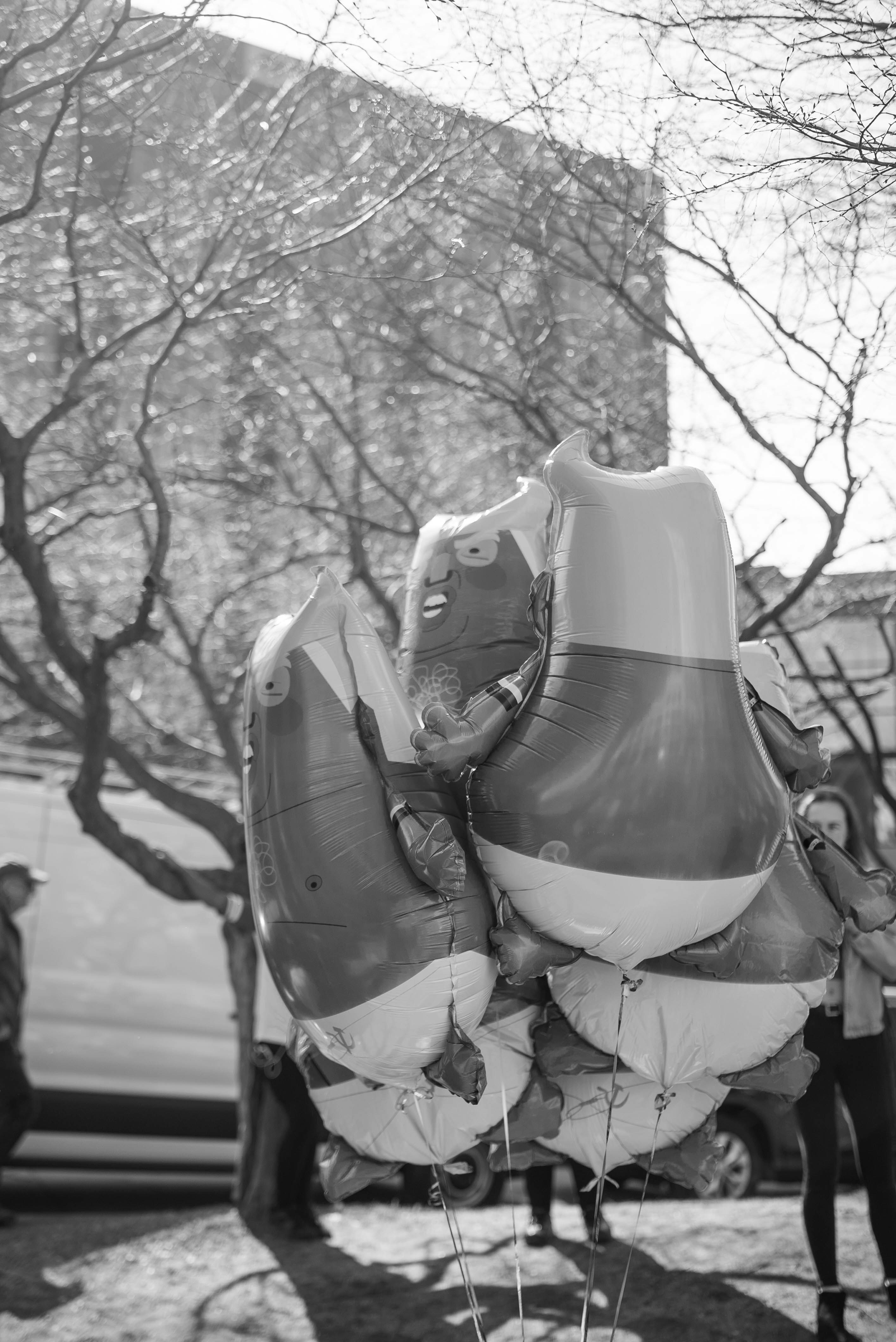 grayscale photography of balloons