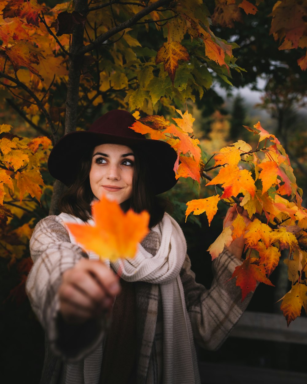 smiling and standing woman holding brown maple leaf