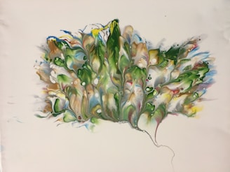 An abstract piece inspired by the flowing shapes of leaves and water, blending blues and greens.