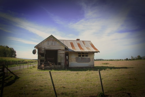 An old, weathered house stands isolated in a grassy field under a clear blue sky. The building appears neglected, with rusting metal roofing and peeling paint. A sign on the wall reads 'HOUSE FOR RENT'. Surrounding the house is a wooden fence, and a dirt path leads away into the distance beside a crop field.