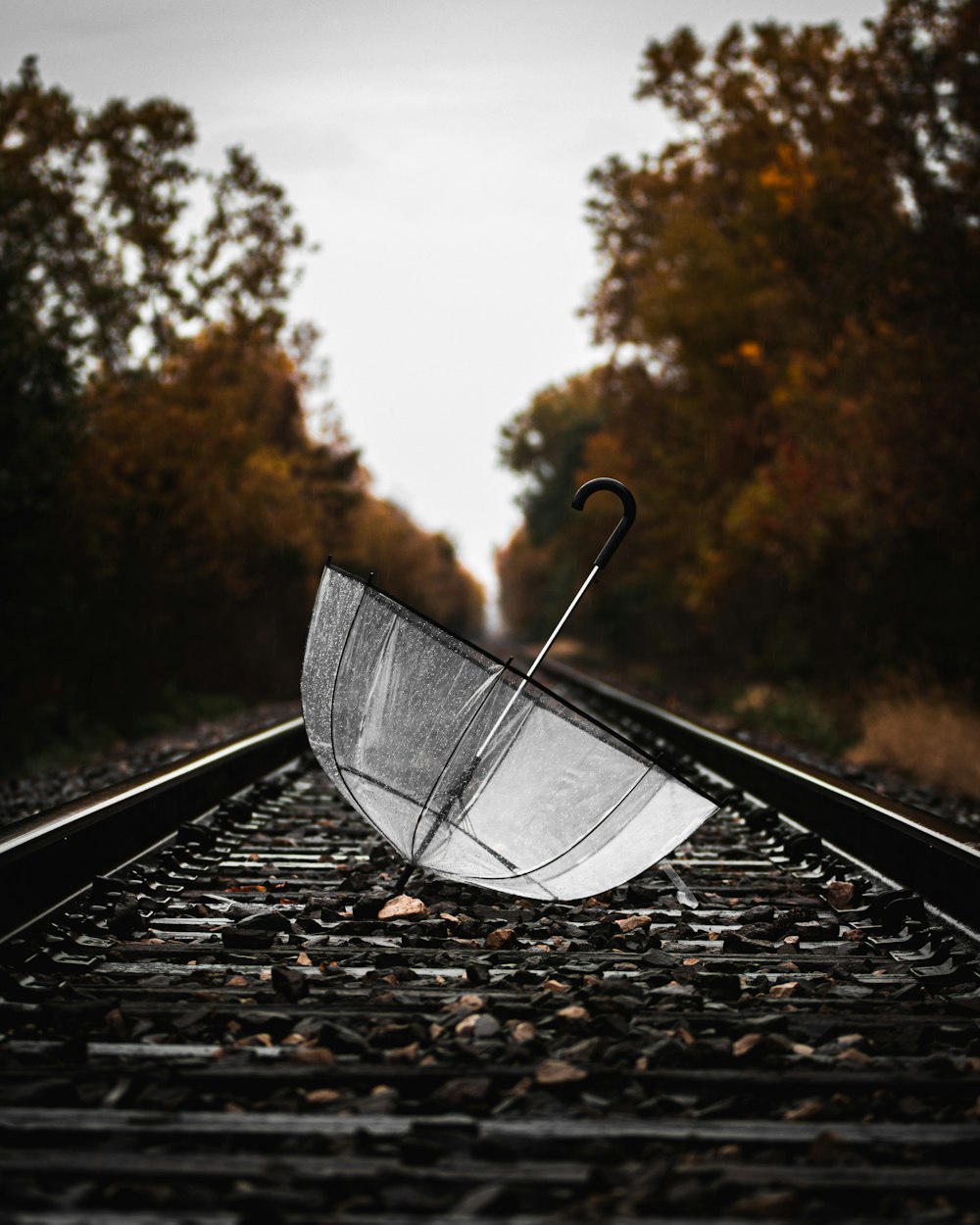 ombrello trasparente sulla rotaia del treno