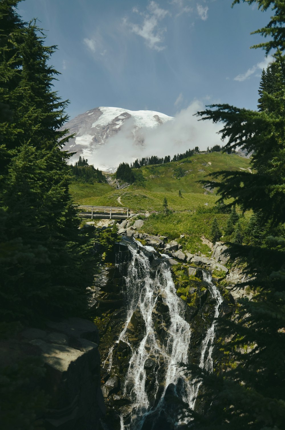 waterfall between trees under blue sky