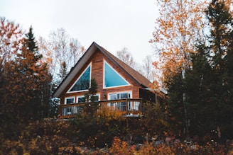 Wood cottage with large glass windows overlooking Sparrow Lake, real estate snapshot.