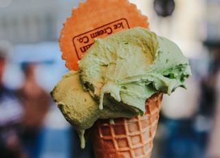 green ice cream in cone in macro photography