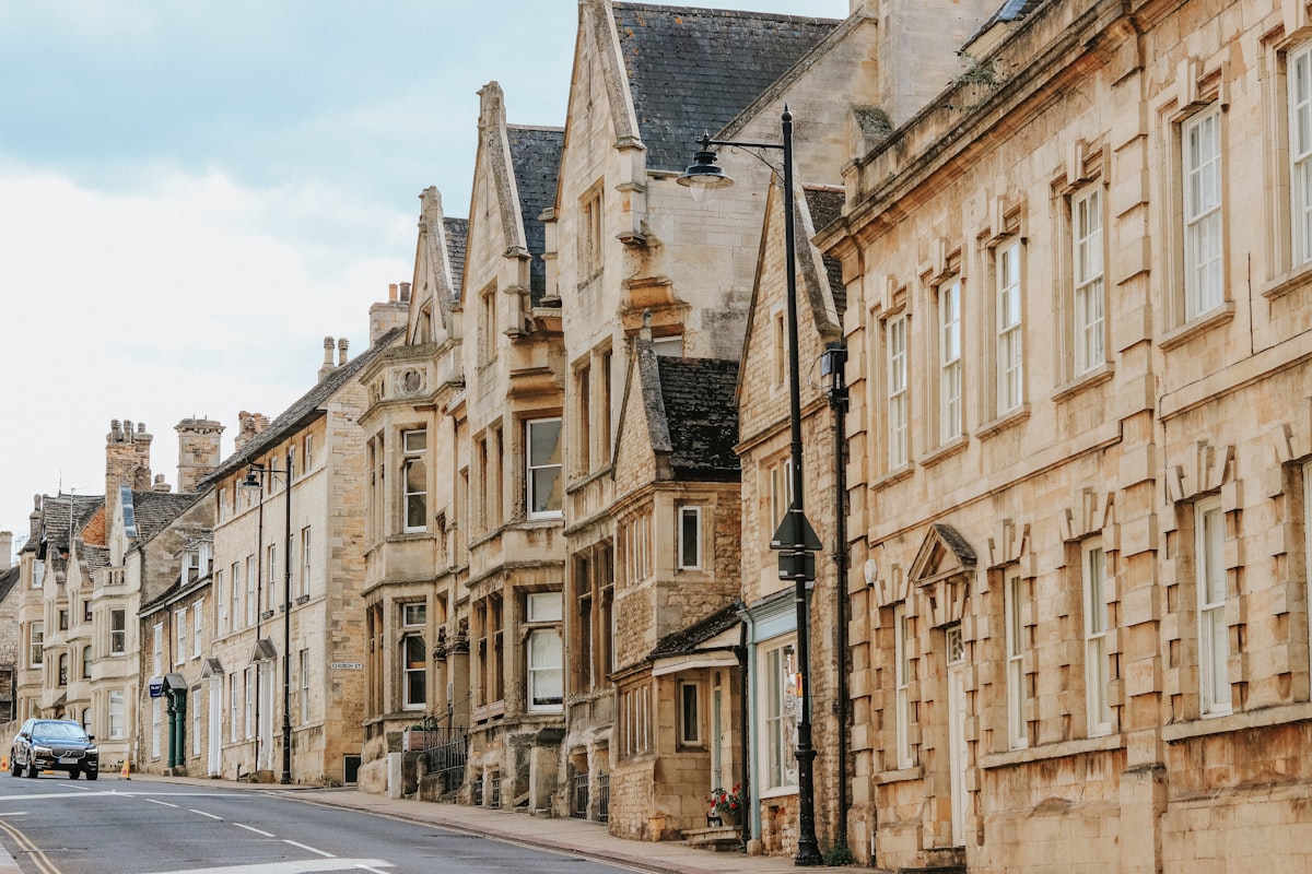 Georgian stone buildings lining a street in Stamford, Lincolnshire, in the South Kesteven district
