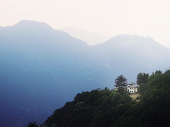 A small cluster of white buildings situated on a forested hillside, surrounded by dense dark green trees. In the background, layers of misty blue mountains are visible under a pale sky, providing a serene and tranquil backdrop.