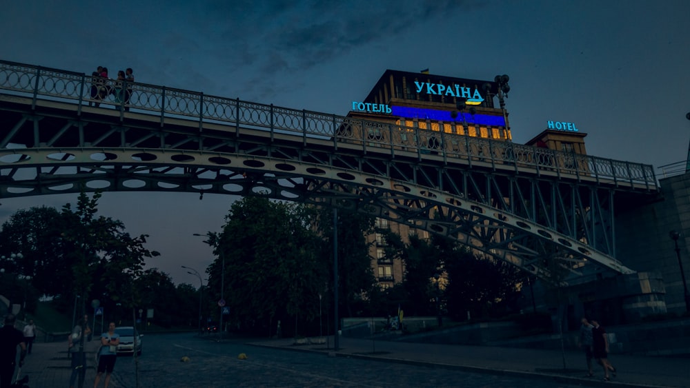 people walking near road showing bridge and buildings during night time