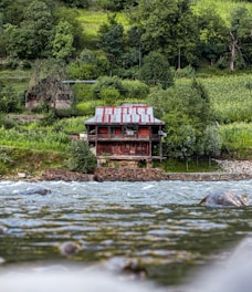 A rustic wooden cabin with a corrugated metal roof is situated amidst lush green foliage on a hillside. The foreground features a bubbling river with visible rocks, and the dense forest dominates the background, providing a serene and natural setting.