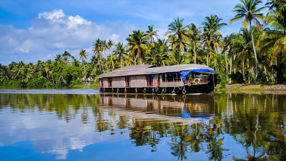 brown wooden house surrounded with tall and coconut trees beside body of water under blue and white sky during daytime