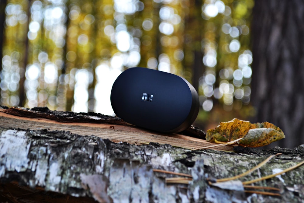 oval black wireless speaker on plank