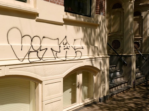 Graffiti is sprayed in black paint across the lower part of a light-colored building facade. Several windows and an ornate entrance are visible, with shadows of tree branches cast on the wall.