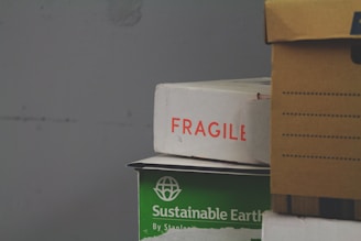A stack of cardboard boxes, with the top box labeled 'FRAGILE' in red text. Below it, a green box marked 'Sustainable Earth' is visible. Another box, brown with black stripes, is partially in view on the right.