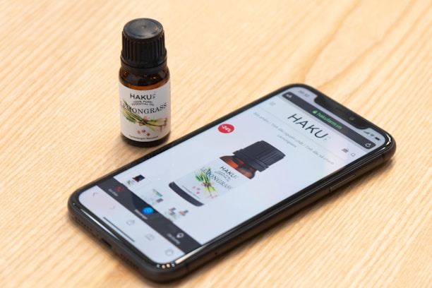 Close-up of a product package with hansenova smart global trading branding on a wooden table.