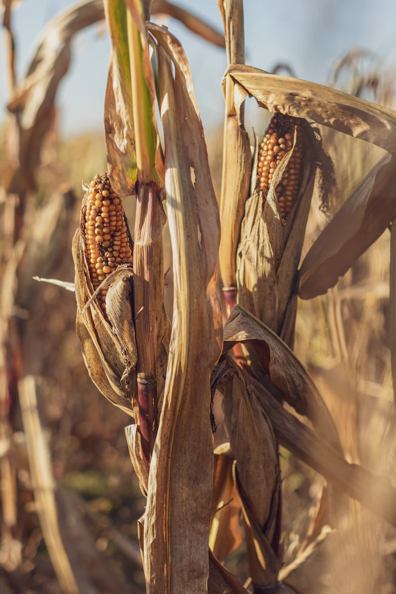 Ripe ears of corn on dry stalks ready for harvest