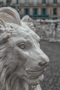 A detailed stone sculpture of a lion's head with a serene and majestic expression. The lion's mane is intricately carved, showcasing artistic craftsmanship. In the blurred background, there are architectural elements of a city setting, possibly an urban square or plaza.