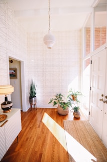 A bright and airy entryway features wooden flooring and a textured rug. Several plants in decorative pots are arranged near a door with large windows, allowing natural light to fill the space. A modern lamp hangs from the ceiling, and a side table with a lamp and decorative items is placed against a patterned wall.