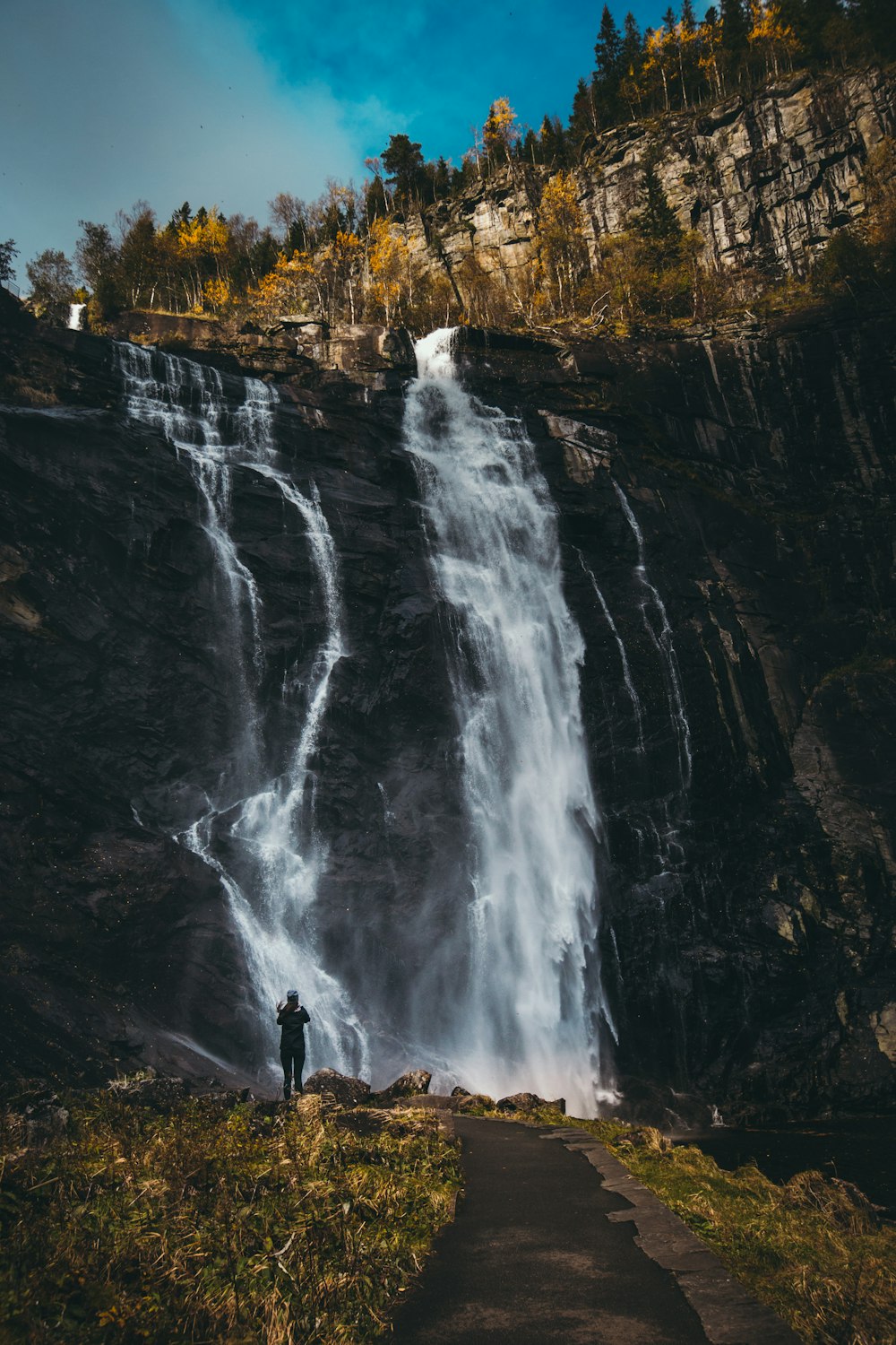 waterfalls under blue sky