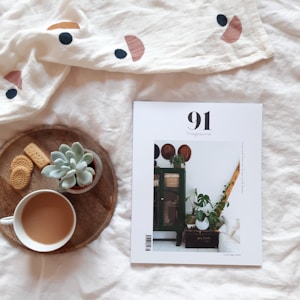 A white magazine cover with the title '91 Magazine' on a soft white blanket, alongside a wooden tray containing a cup of coffee, cookies, and a small succulent plant.