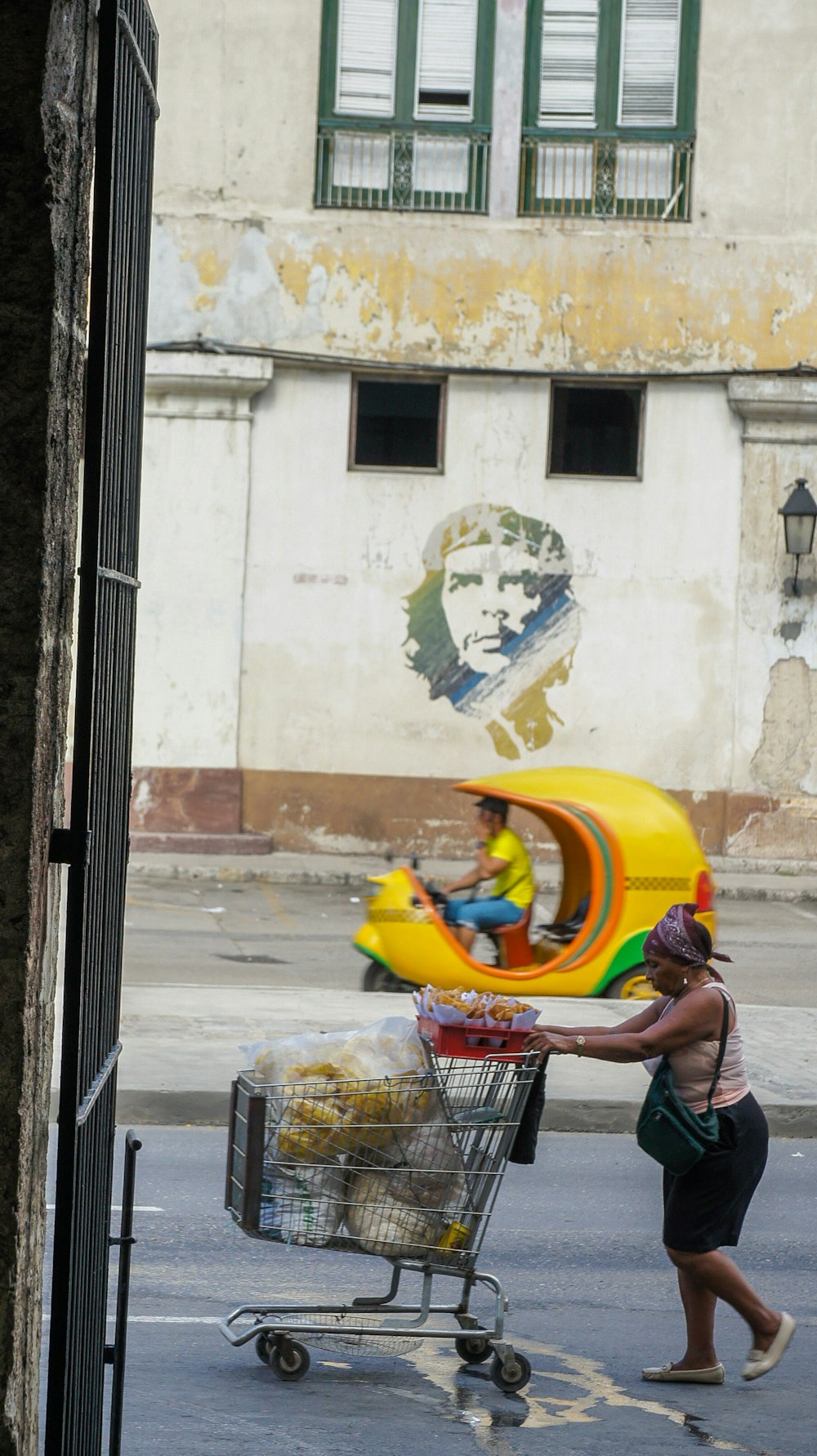 woman carrying grocery cart