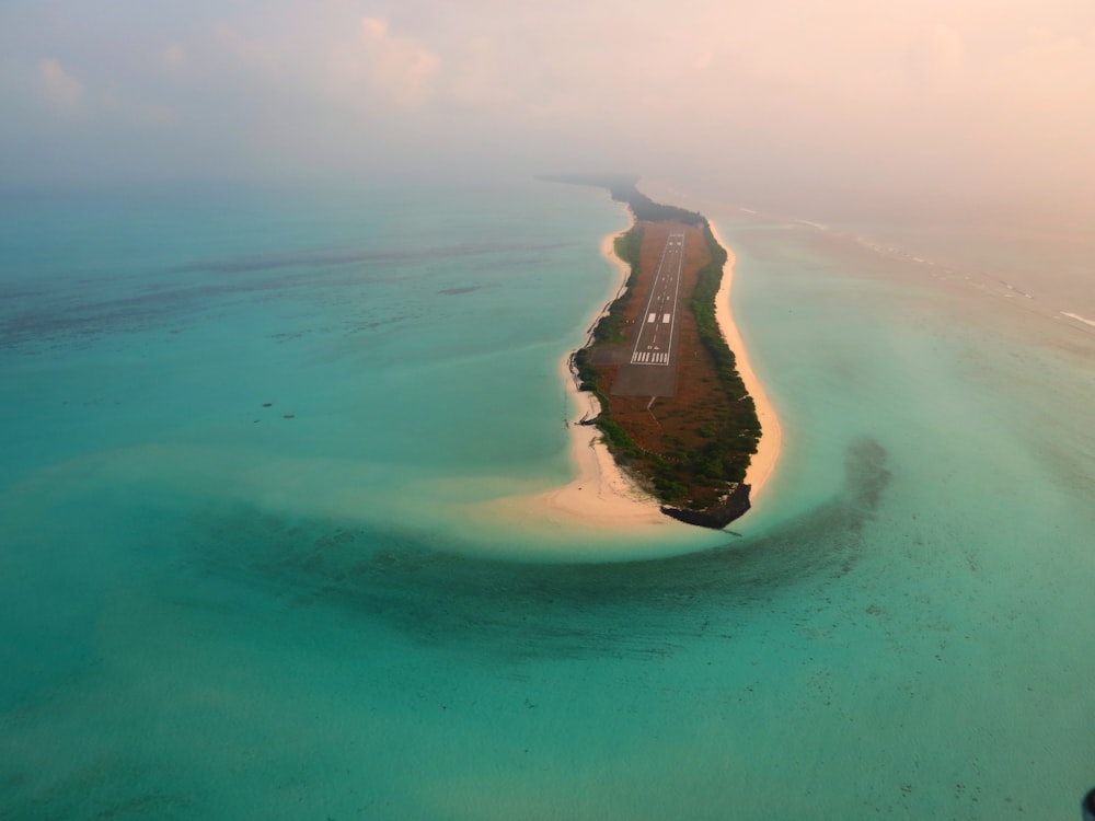 aerial view of island with runway