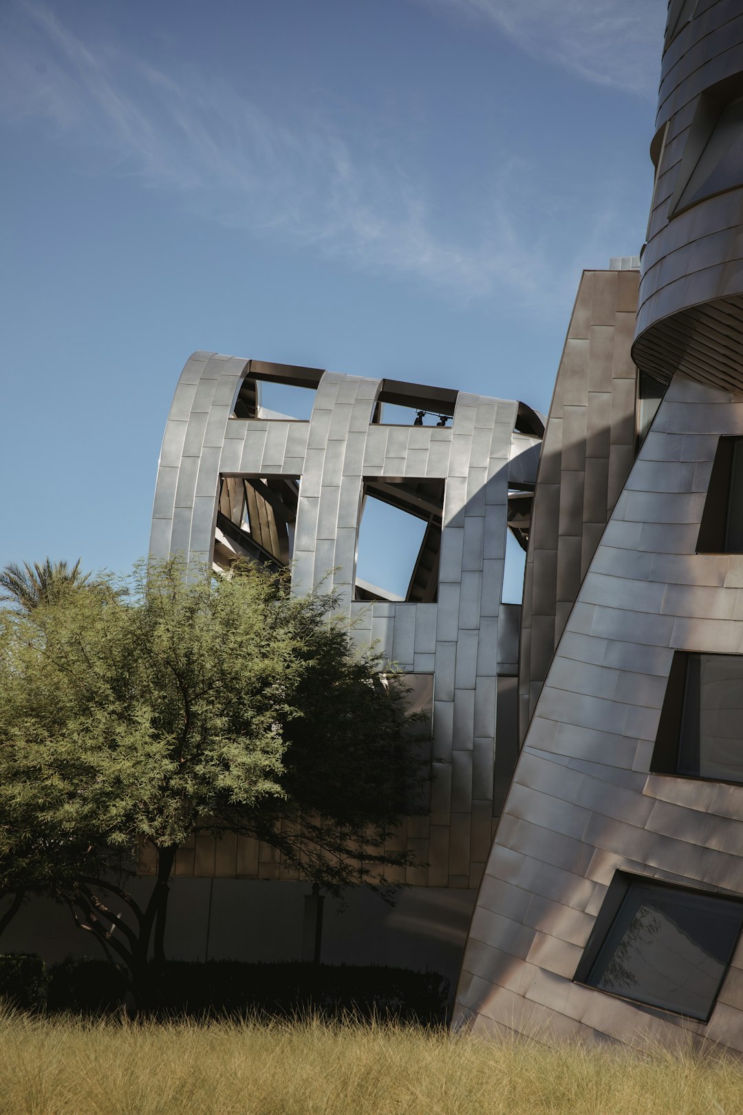 gray concrete building near green tree during daytime