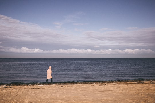 person standing on shoreline facing the beach in Gauja Latvia